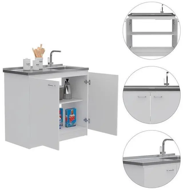 Alt view image 4 of 6 - Napoles 39 inch Utility Sink with Cabinet, Stainless Steel Countertop, Double Doors, Freestanding, White