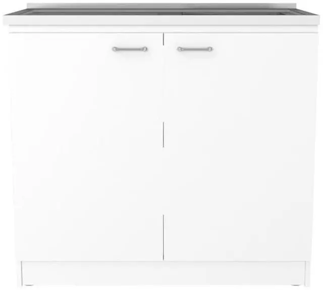 Alt view image 6 of 6 - Napoles 39 inch Utility Sink with Cabinet, Stainless Steel Countertop, Double Doors, Freestanding, White