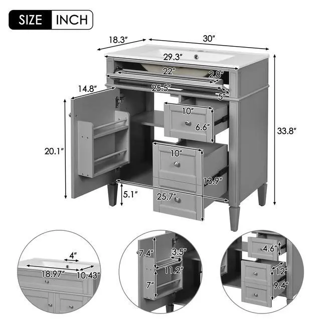 Alt view image 2 of 6 - Modern 30" Bathroom Vanity with Sink, Bathroom Storage Cabinet with 2 Drawers, 1 Tip-Out Drawer and 1 Door, Freestanding Bathroom Vanities, Soft Closing, Solid Wood Frame