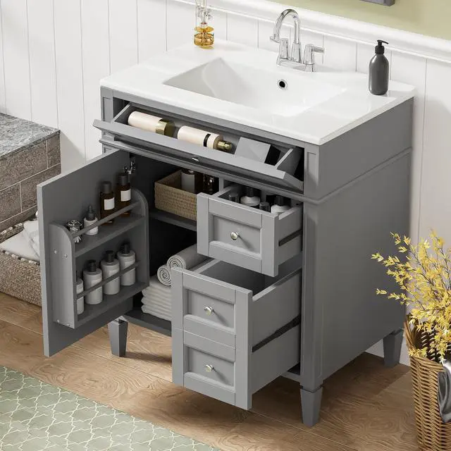 Alt view image 3 of 6 - Modern 30" Bathroom Vanity with Sink, Bathroom Storage Cabinet with 2 Drawers, 1 Tip-Out Drawer and 1 Door, Freestanding Bathroom Vanities, Soft Closing, Solid Wood Frame