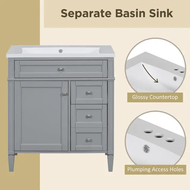 Alt view image 4 of 6 - Modern 30" Bathroom Vanity with Sink, Bathroom Storage Cabinet with 2 Drawers, 1 Tip-Out Drawer and 1 Door, Freestanding Bathroom Vanities, Soft Closing, Solid Wood Frame
