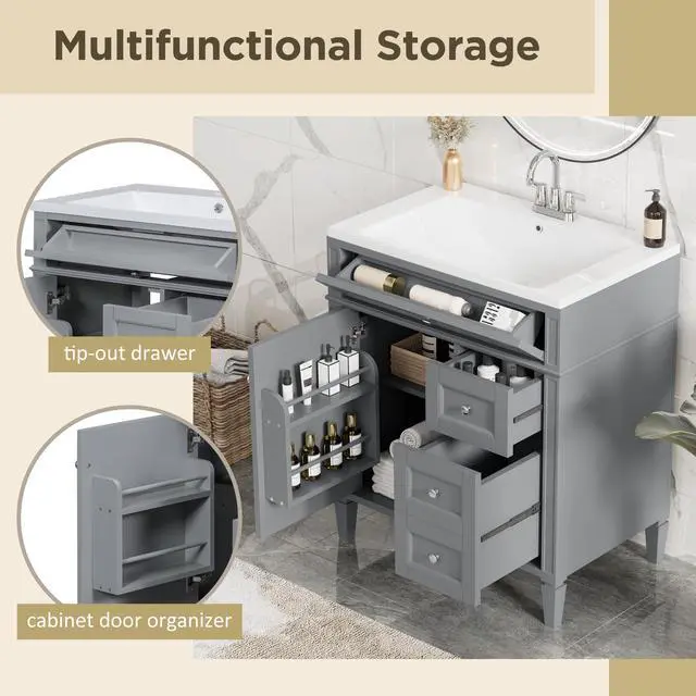 Alt view image 5 of 6 - Modern 30" Bathroom Vanity with Sink, Bathroom Storage Cabinet with 2 Drawers, 1 Tip-Out Drawer and 1 Door, Freestanding Bathroom Vanities, Soft Closing, Solid Wood Frame