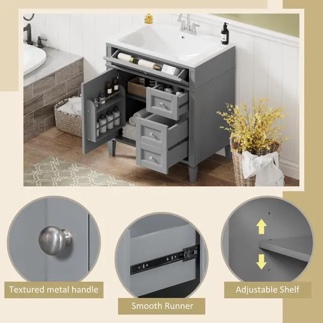 Alt view image 6 of 6 - Modern 30" Bathroom Vanity with Sink, Bathroom Storage Cabinet with 2 Drawers, 1 Tip-Out Drawer and 1 Door, Freestanding Bathroom Vanities, Soft Closing, Solid Wood Frame
