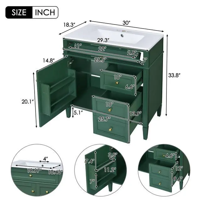 Alt view image 2 of 6 - Modern 30" Bathroom Vanity with Sink, Bathroom Storage Cabinet with 2 Drawers, 1 Tip-Out Drawer and 1 Door, Freestanding Bathroom Vanities, Soft Closing, Solid Wood Frame