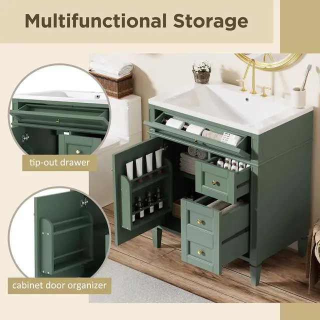 Alt view image 4 of 6 - Modern 30" Bathroom Vanity with Sink, Bathroom Storage Cabinet with 2 Drawers, 1 Tip-Out Drawer and 1 Door, Freestanding Bathroom Vanities, Soft Closing, Solid Wood Frame
