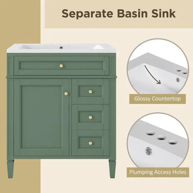 Alt view image 5 of 6 - Modern 30" Bathroom Vanity with Sink, Bathroom Storage Cabinet with 2 Drawers, 1 Tip-Out Drawer and 1 Door, Freestanding Bathroom Vanities, Soft Closing, Solid Wood Frame