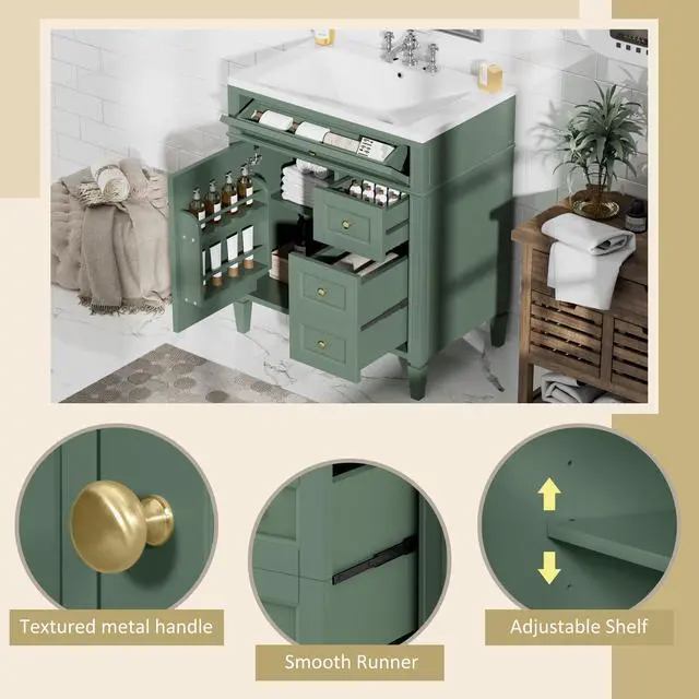 Alt view image 6 of 6 - Modern 30" Bathroom Vanity with Sink, Bathroom Storage Cabinet with 2 Drawers, 1 Tip-Out Drawer and 1 Door, Freestanding Bathroom Vanities, Soft Closing, Solid Wood Frame