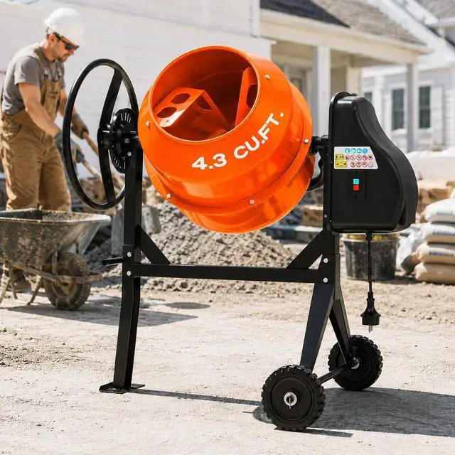 Alt view image 2 of 6 - Electric Cement Mixer, 4.3 Cu.Ft.450W Portable Concrete Mixer Machine with Wheels & Stand Steel for Stucco, Mortar, Feed Mixing, Farm Use, Orange
