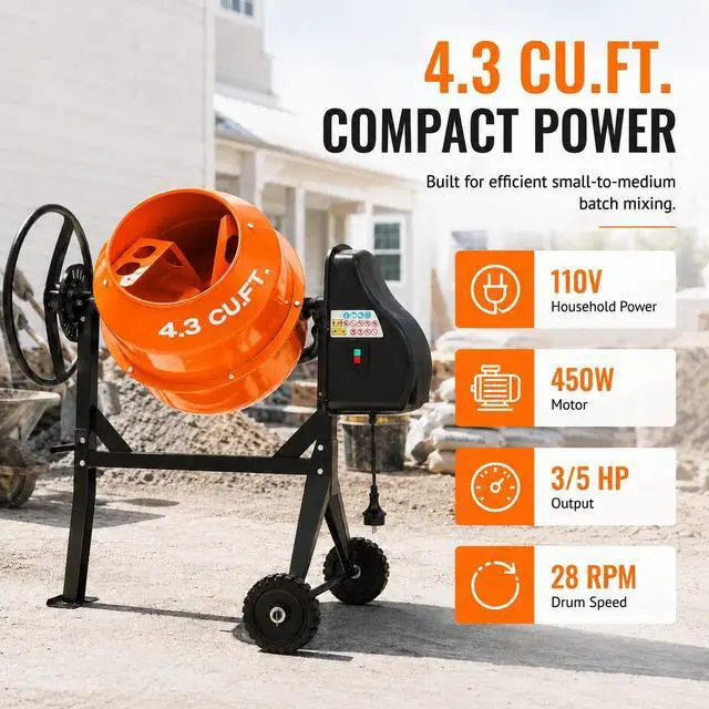 Alt view image 3 of 6 - Electric Cement Mixer, 4.3 Cu.Ft.450W Portable Concrete Mixer Machine with Wheels & Stand Steel for Stucco, Mortar, Feed Mixing, Farm Use, Orange