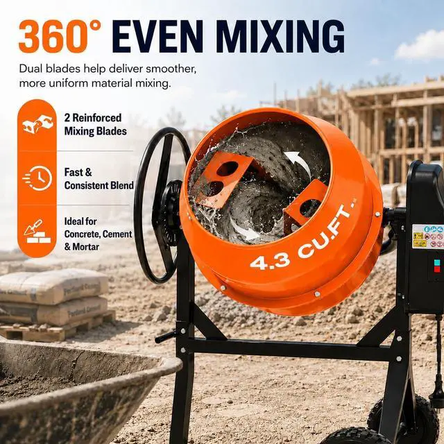 Alt view image 4 of 6 - Electric Cement Mixer, 4.3 Cu.Ft.450W Portable Concrete Mixer Machine with Wheels & Stand Steel for Stucco, Mortar, Feed Mixing, Farm Use, Orange
