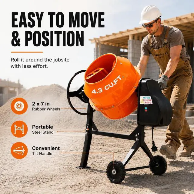 Alt view image 5 of 6 - Electric Cement Mixer, 4.3 Cu.Ft.450W Portable Concrete Mixer Machine with Wheels & Stand Steel for Stucco, Mortar, Feed Mixing, Farm Use, Orange