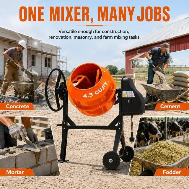 Alt view image 6 of 6 - Electric Cement Mixer, 4.3 Cu.Ft.450W Portable Concrete Mixer Machine with Wheels & Stand Steel for Stucco, Mortar, Feed Mixing, Farm Use, Orange