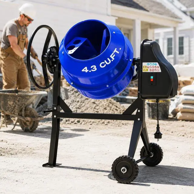 Alt view image 2 of 6 - Electric Cement Mixer, 4.3 Cu.Ft.450W Portable Concrete Mixer Machine with Wheels & Stand Steel for Stucco, Mortar, Feed Mixing, Farm Use, Blue