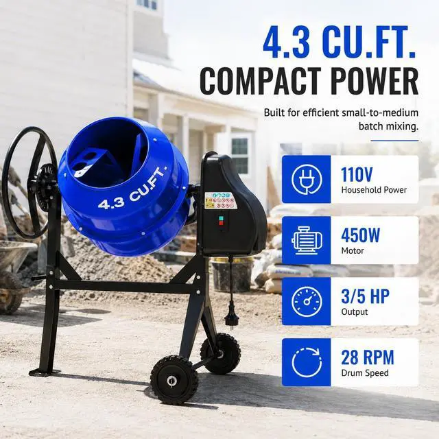 Alt view image 3 of 6 - Electric Cement Mixer, 4.3 Cu.Ft.450W Portable Concrete Mixer Machine with Wheels & Stand Steel for Stucco, Mortar, Feed Mixing, Farm Use, Blue