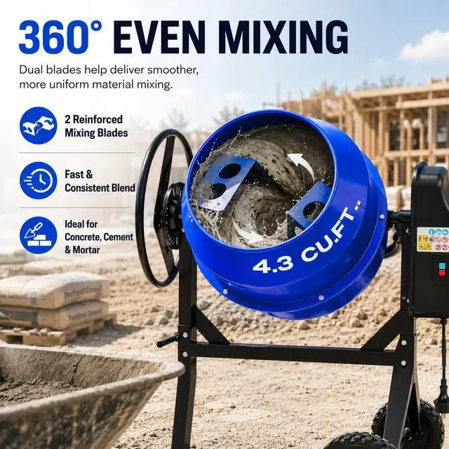 Alt view image 4 of 6 - Electric Cement Mixer, 4.3 Cu.Ft.450W Portable Concrete Mixer Machine with Wheels & Stand Steel for Stucco, Mortar, Feed Mixing, Farm Use, Blue