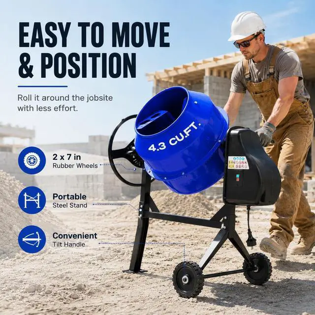 Alt view image 5 of 6 - Electric Cement Mixer, 4.3 Cu.Ft.450W Portable Concrete Mixer Machine with Wheels & Stand Steel for Stucco, Mortar, Feed Mixing, Farm Use, Blue