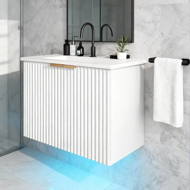 Main image of Bathroom Vanity with Sink, 30" Wall Mounted Floating Vanity Cabinet, Modern Bathroom Sinks with LED Light, Metal Handle & Double Soft-Close Doors, White