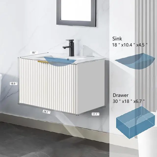Alt view image 2 of 6 - Bathroom Vanity with Sink, 30" Wall Mounted Floating Vanity Cabinet, Modern Bathroom Sinks with LED Light, Metal Handle & Double Soft-Close Doors, White
