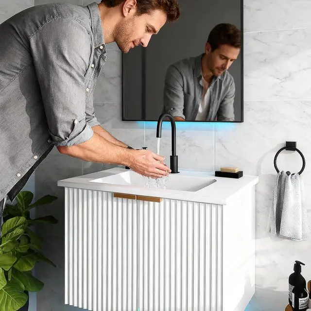 Alt view image 3 of 6 - Bathroom Vanity with Sink, 30" Wall Mounted Floating Vanity Cabinet, Modern Bathroom Sinks with LED Light, Metal Handle & Double Soft-Close Doors, White