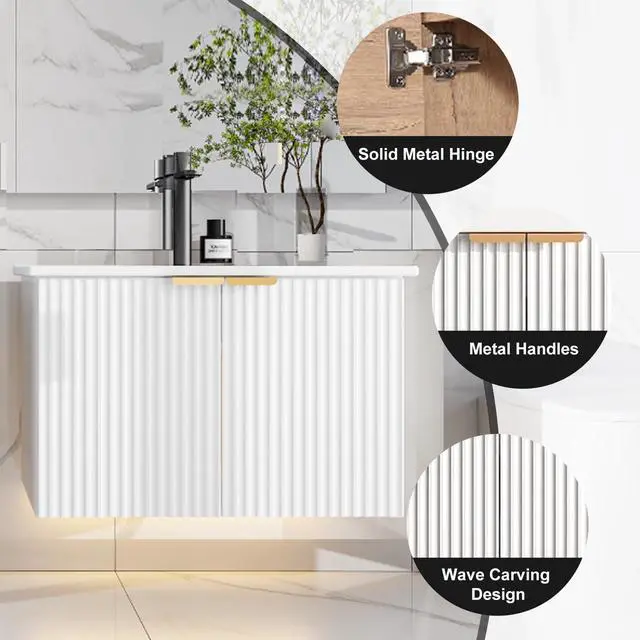 Alt view image 4 of 6 - Bathroom Vanity with Sink, 30" Wall Mounted Floating Vanity Cabinet, Modern Bathroom Sinks with LED Light, Metal Handle & Double Soft-Close Doors, White