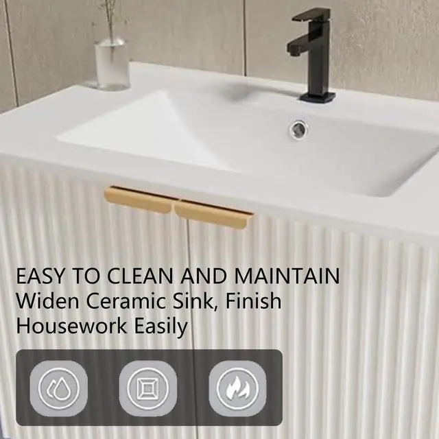 Alt view image 5 of 6 - Bathroom Vanity with Sink, 30" Wall Mounted Floating Vanity Cabinet, Modern Bathroom Sinks with LED Light, Metal Handle & Double Soft-Close Doors, White