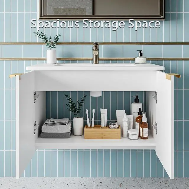 Alt view image 6 of 6 - Bathroom Vanity with Sink, 30" Wall Mounted Floating Vanity Cabinet, Modern Bathroom Sinks with LED Light, Metal Handle & Double Soft-Close Doors, White