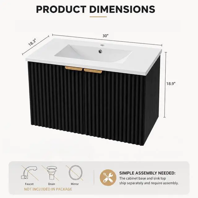 Alt view image 2 of 6 - 30" Floating Bathroom Vanity with Sink, Wall Mounted Bathroom Vanity Set with Fluted Doors, USB-Powered RGB LED Strip, Soft-Close Doors, Gold Handles, Black
