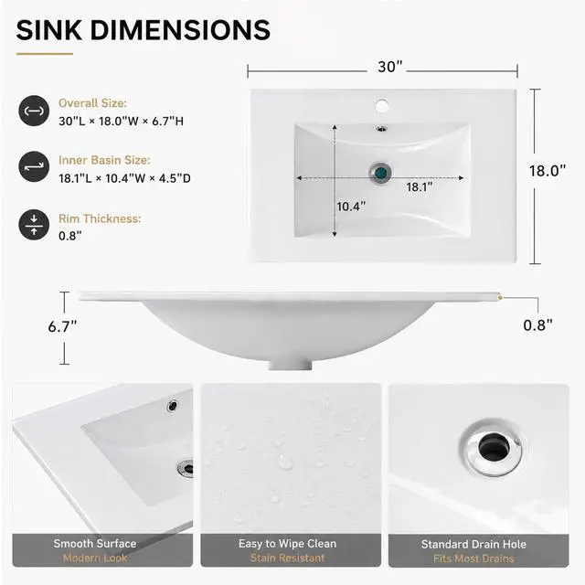 Alt view image 3 of 6 - 30" Floating Bathroom Vanity with Sink, Wall Mounted Bathroom Vanity Set with Fluted Doors, USB-Powered RGB LED Strip, Soft-Close Doors, Gold Handles, Black