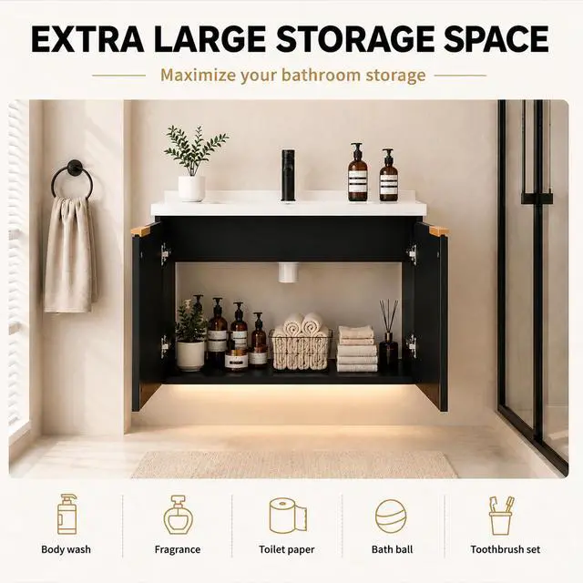 Alt view image 4 of 6 - 30" Floating Bathroom Vanity with Sink, Wall Mounted Bathroom Vanity Set with Fluted Doors, USB-Powered RGB LED Strip, Soft-Close Doors, Gold Handles, Black