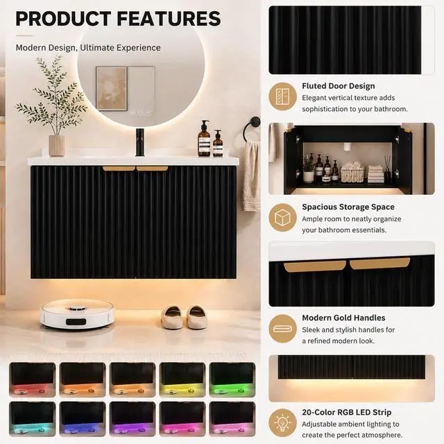 Alt view image 5 of 6 - 30" Floating Bathroom Vanity with Sink, Wall Mounted Bathroom Vanity Set with Fluted Doors, USB-Powered RGB LED Strip, Soft-Close Doors, Gold Handles, Black