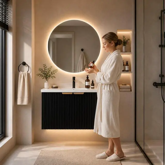 Alt view image 6 of 6 - 30" Floating Bathroom Vanity with Sink, Wall Mounted Bathroom Vanity Set with Fluted Doors, USB-Powered RGB LED Strip, Soft-Close Doors, Gold Handles, Black