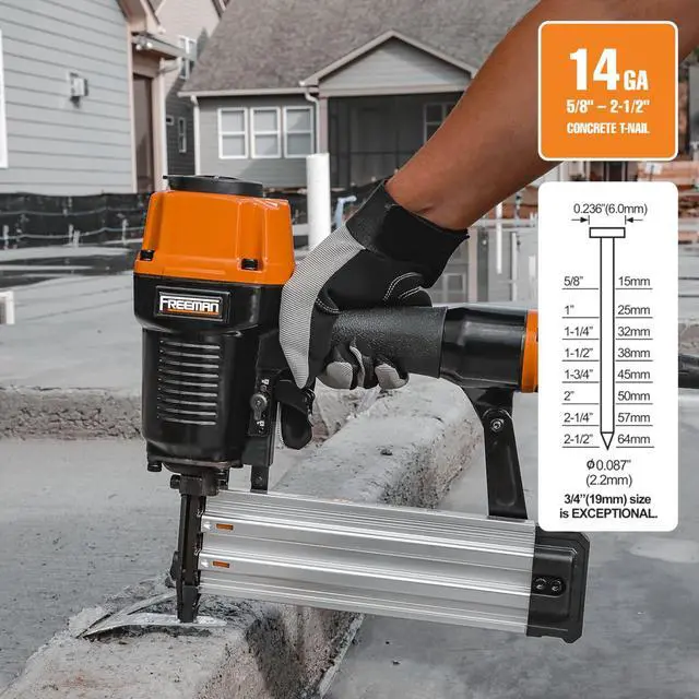 Alt view image 2 of 5 - PCTN64 Pneumatic 14-Gauge Concrete T Nailer, 5/8"2-1/2" Nails, Heavy Duty Concrete & Steel Nail Gun for Plywood, Decking, Furring, Fencing, Subflooring, Siding, and Soffits