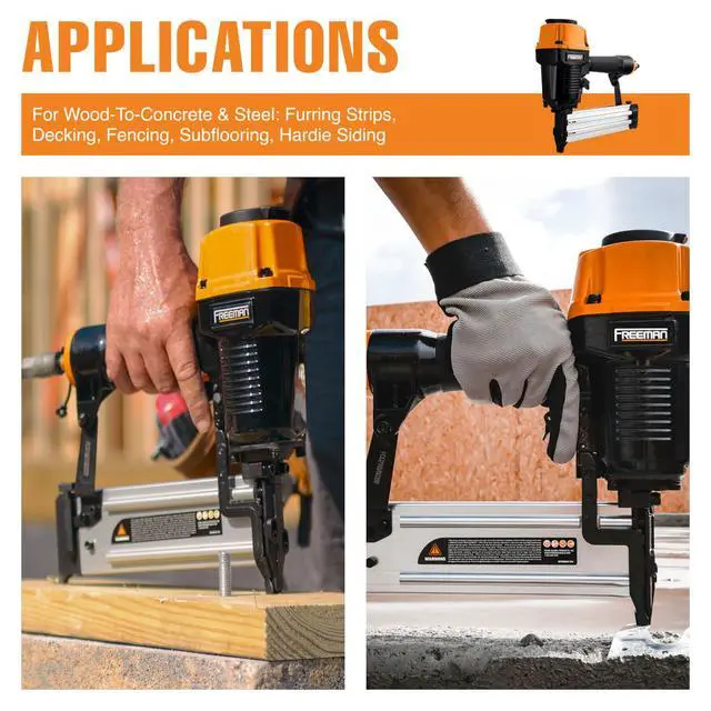Alt view image 3 of 5 - PCTN64 Pneumatic 14-Gauge Concrete T Nailer, 5/8"2-1/2" Nails, Heavy Duty Concrete & Steel Nail Gun for Plywood, Decking, Furring, Fencing, Subflooring, Siding, and Soffits