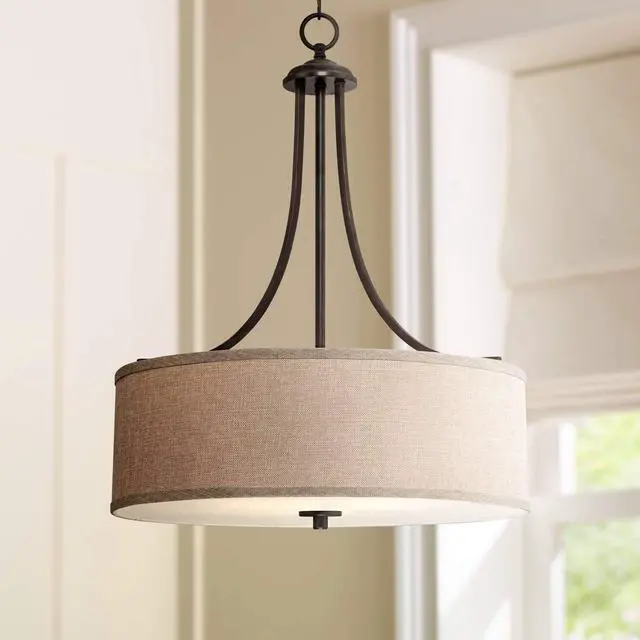 Main image of La Pointe Oil Rubbed Bronze Pendant Chandelier Lighting 19 1/2" Wide Farmhouse Rustic Oatmeal Linen Drum Shade Fixture for Cottage Core Dining Room Living House Home Foyer