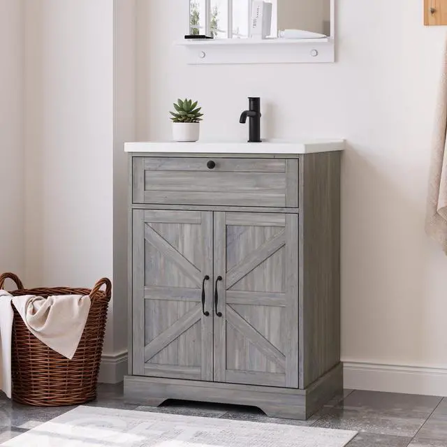 Main image of 23.62" Bathroom Vanity with Ceramic Sink, Farmhouse Bathroom Vanity Cabinet with Barn Door & Drawer, Freestanding Floor Storage Cupboard with Sink Combo Set, Washed Grey