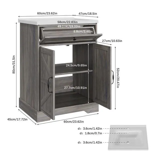 Alt view image 2 of 6 - 23.62" Bathroom Vanity with Ceramic Sink, Farmhouse Bathroom Vanity Cabinet with Barn Door & Drawer, Freestanding Floor Storage Cupboard with Sink Combo Set, Washed Grey