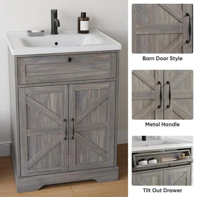 Alt view image 3 of 6 - 23.62" Bathroom Vanity with Ceramic Sink, Farmhouse Bathroom Vanity Cabinet with Barn Door & Drawer, Freestanding Floor Storage Cupboard with Sink Combo Set, Washed Grey