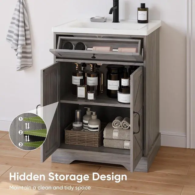 Alt view image 5 of 6 - 23.62" Bathroom Vanity with Ceramic Sink, Farmhouse Bathroom Vanity Cabinet with Barn Door & Drawer, Freestanding Floor Storage Cupboard with Sink Combo Set, Washed Grey