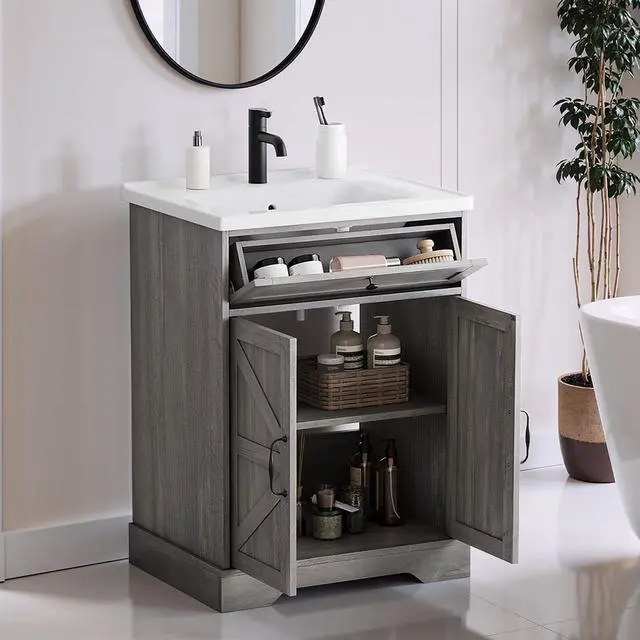 Alt view image 6 of 6 - 23.62" Bathroom Vanity with Ceramic Sink, Farmhouse Bathroom Vanity Cabinet with Barn Door & Drawer, Freestanding Floor Storage Cupboard with Sink Combo Set, Washed Grey
