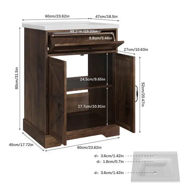 Alt view image 2 of 6 - 23.62" Bathroom Vanity with Ceramic Sink, Farmhouse Bathroom Vanity Cabinet with Barn Door & Drawer, Freestanding Floor Storage Cupboard with Sink Combo Set, Walnut Color