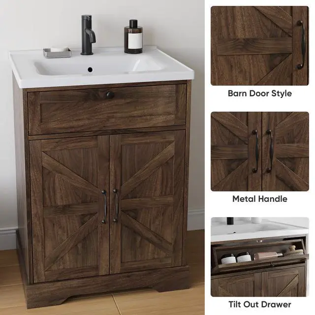 Alt view image 3 of 6 - 23.62" Bathroom Vanity with Ceramic Sink, Farmhouse Bathroom Vanity Cabinet with Barn Door & Drawer, Freestanding Floor Storage Cupboard with Sink Combo Set, Walnut Color