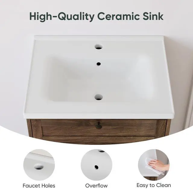 Alt view image 4 of 6 - 23.62" Bathroom Vanity with Ceramic Sink, Farmhouse Bathroom Vanity Cabinet with Barn Door & Drawer, Freestanding Floor Storage Cupboard with Sink Combo Set, Walnut Color