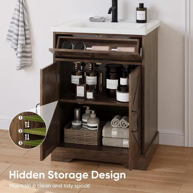 Alt view image 5 of 6 - 23.62" Bathroom Vanity with Ceramic Sink, Farmhouse Bathroom Vanity Cabinet with Barn Door & Drawer, Freestanding Floor Storage Cupboard with Sink Combo Set, Walnut Color