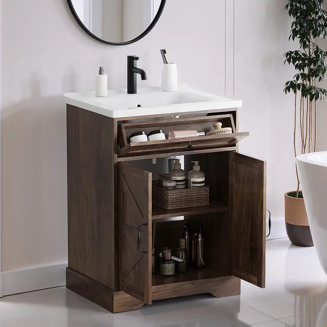 Alt view image 6 of 6 - 23.62" Bathroom Vanity with Ceramic Sink, Farmhouse Bathroom Vanity Cabinet with Barn Door & Drawer, Freestanding Floor Storage Cupboard with Sink Combo Set, Walnut Color