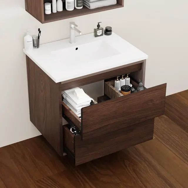 Alt view image 2 of 5 - 24 Inch Floating Bathroom Vanity Cabinet Only, Wall Mounted Wood Cabinet with 2 Divided Storage Drawers, Space-Saving Design for Small Bathroom, Rich Walnut Lacquer Finish, Easy Assembly