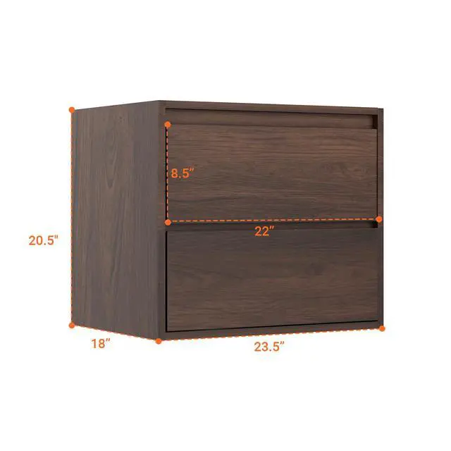 Alt view image 3 of 5 - 24 Inch Floating Bathroom Vanity Cabinet Only, Wall Mounted Wood Cabinet with 2 Divided Storage Drawers, Space-Saving Design for Small Bathroom, Rich Walnut Lacquer Finish, Easy Assembly
