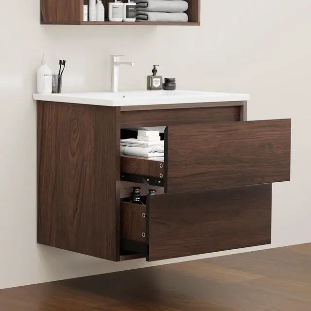 Alt view image 5 of 5 - 24 Inch Floating Bathroom Vanity Cabinet Only, Wall Mounted Wood Cabinet with 2 Divided Storage Drawers, Space-Saving Design for Small Bathroom, Rich Walnut Lacquer Finish, Easy Assembly
