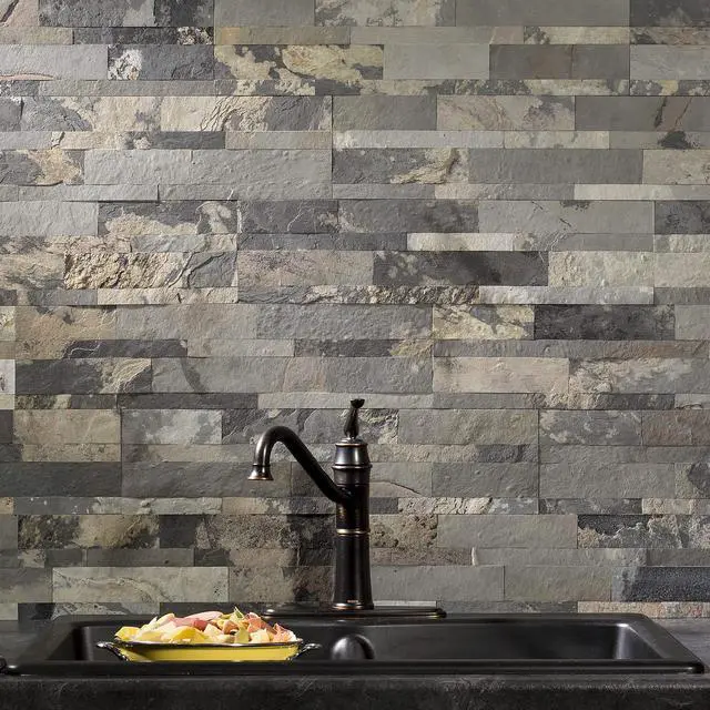 Alt view image 2 of 6 - Peel and Stick Stone Overlay Kitchen Backsplash - Medley Slate (Approx. 15 sq ft Kit) - Easy DIY Tile Backsplash