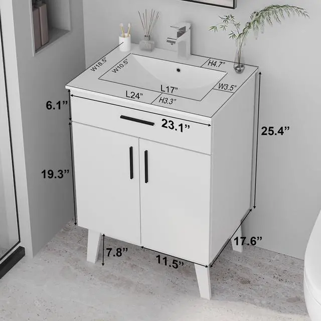 Alt view image 2 of 6 - 24 inch Bathroom Vanity with Sink, Modern Single Basin Vanity with Soft Closing Doors & Metal Handles, Easy Installation | White Bathroom Cabinet (White)