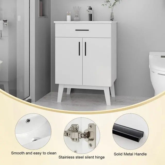 Alt view image 3 of 6 - 24 inch Bathroom Vanity with Sink, Modern Single Basin Vanity with Soft Closing Doors & Metal Handles, Easy Installation | White Bathroom Cabinet (White)